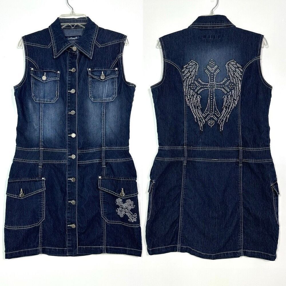 Y2K Clash Embellished Denim Dress Large Wings Cross Punk Goth Cowgirl Western